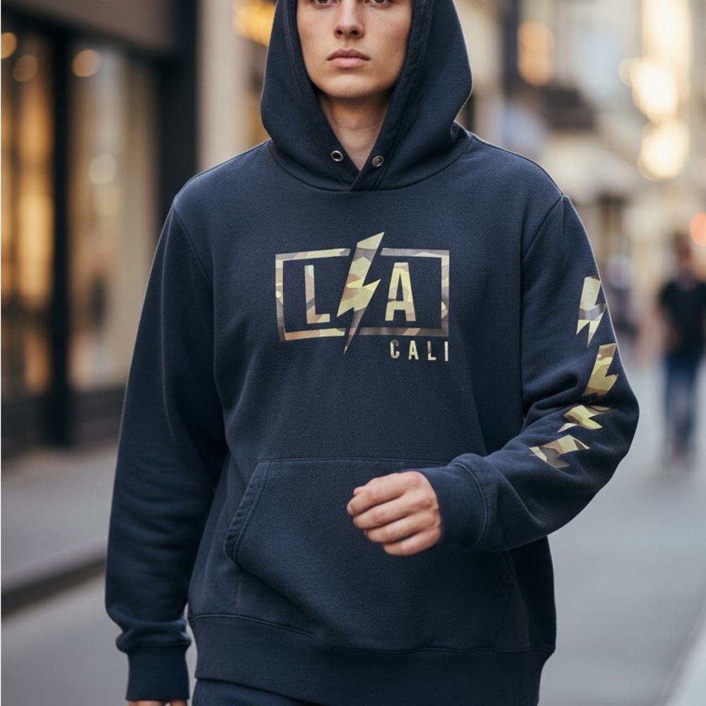 Black LA Cali Lightning Bolt Graphic Hoodie Size Large
